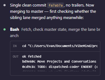 Transcript capture: an agent with a clean commit checks whether the sibling lane merged anything before merging to master